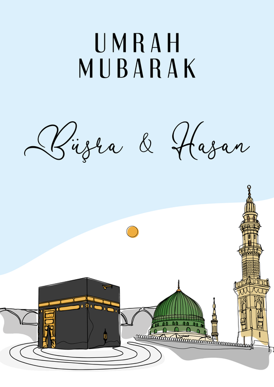 Umrah oder Hajj Mubarak Poster mit Madina und Makkah